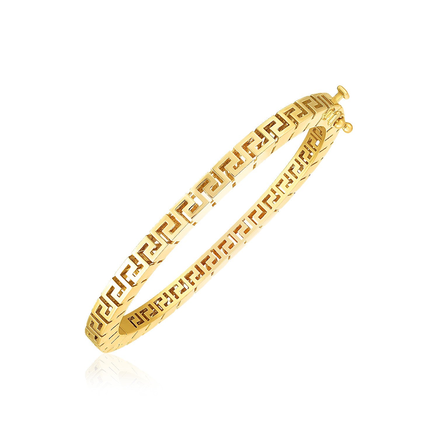 14k Yellow Gold High Polish Greek Key Bangle (4.80 mm) in a sleek high-contrast midnight luxury editorial style